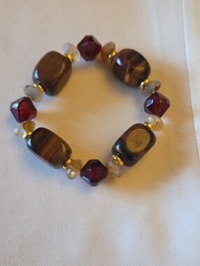 Handcrafted Brown and Red Beaded Stretch Bracelet